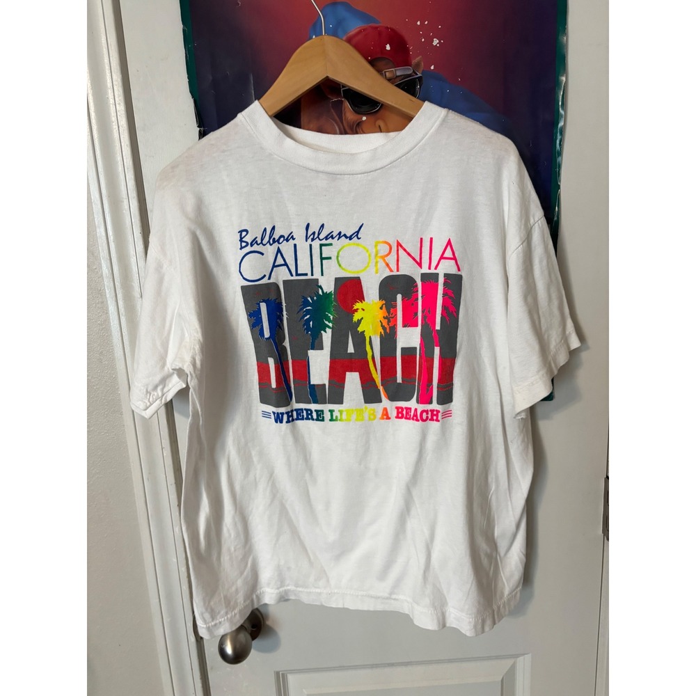 Vintage Balboa Island California Beach T-Shirt White Neon XL Caribbean Dream